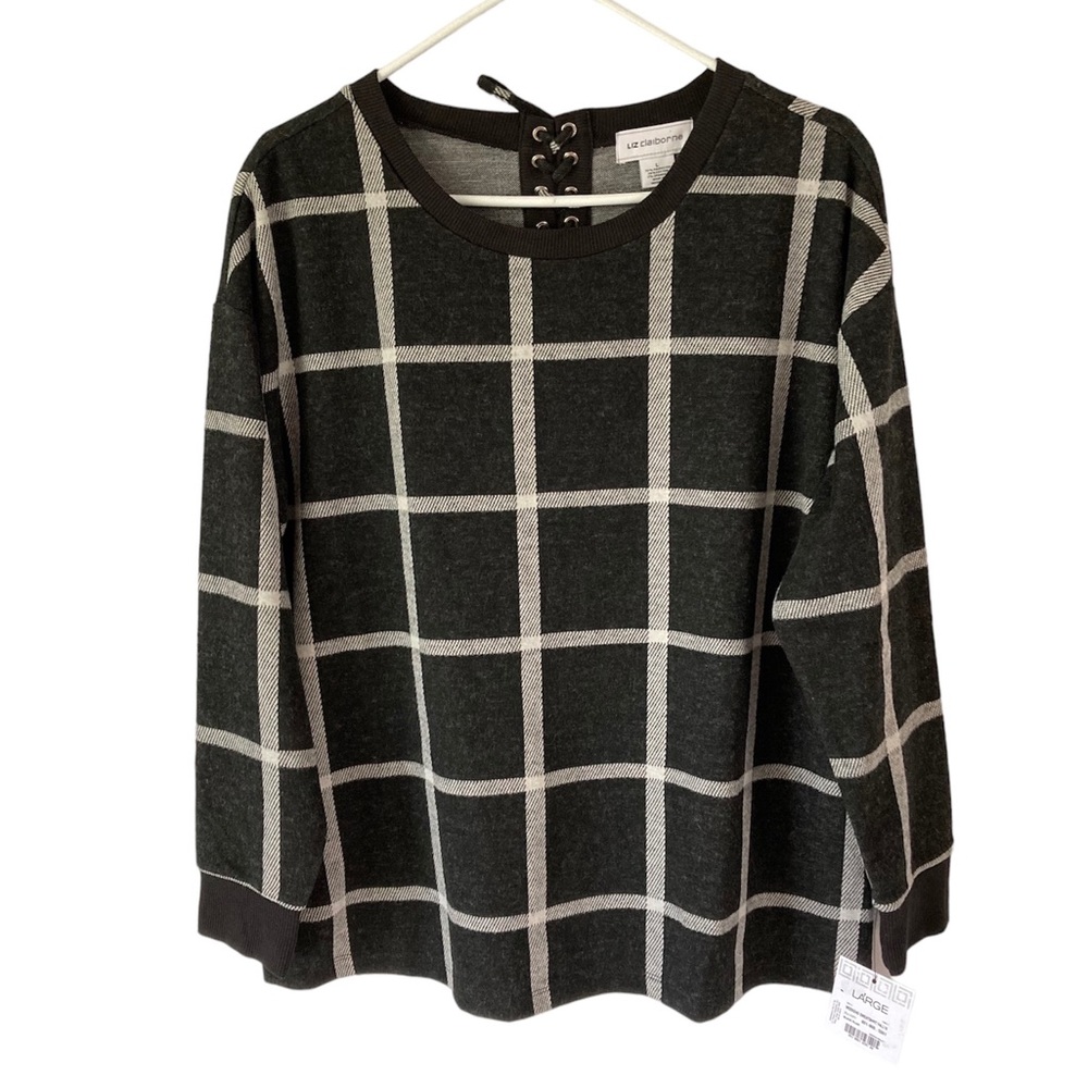 Liz Claiborne Weekend Sweatshirt Black Plaid Pullover Long Sleeve Size Large NWT